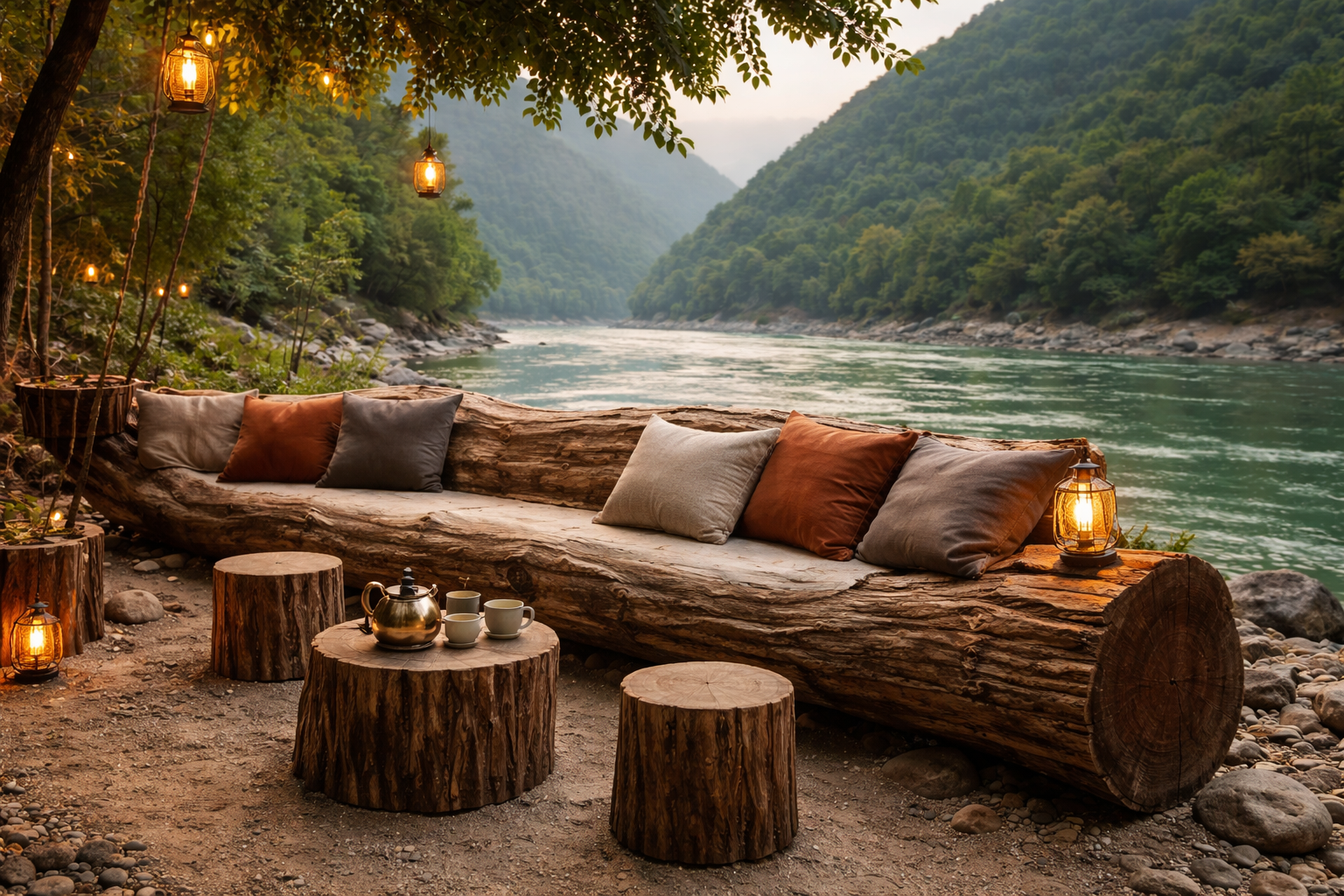 Riverside camp setup with Ganga view